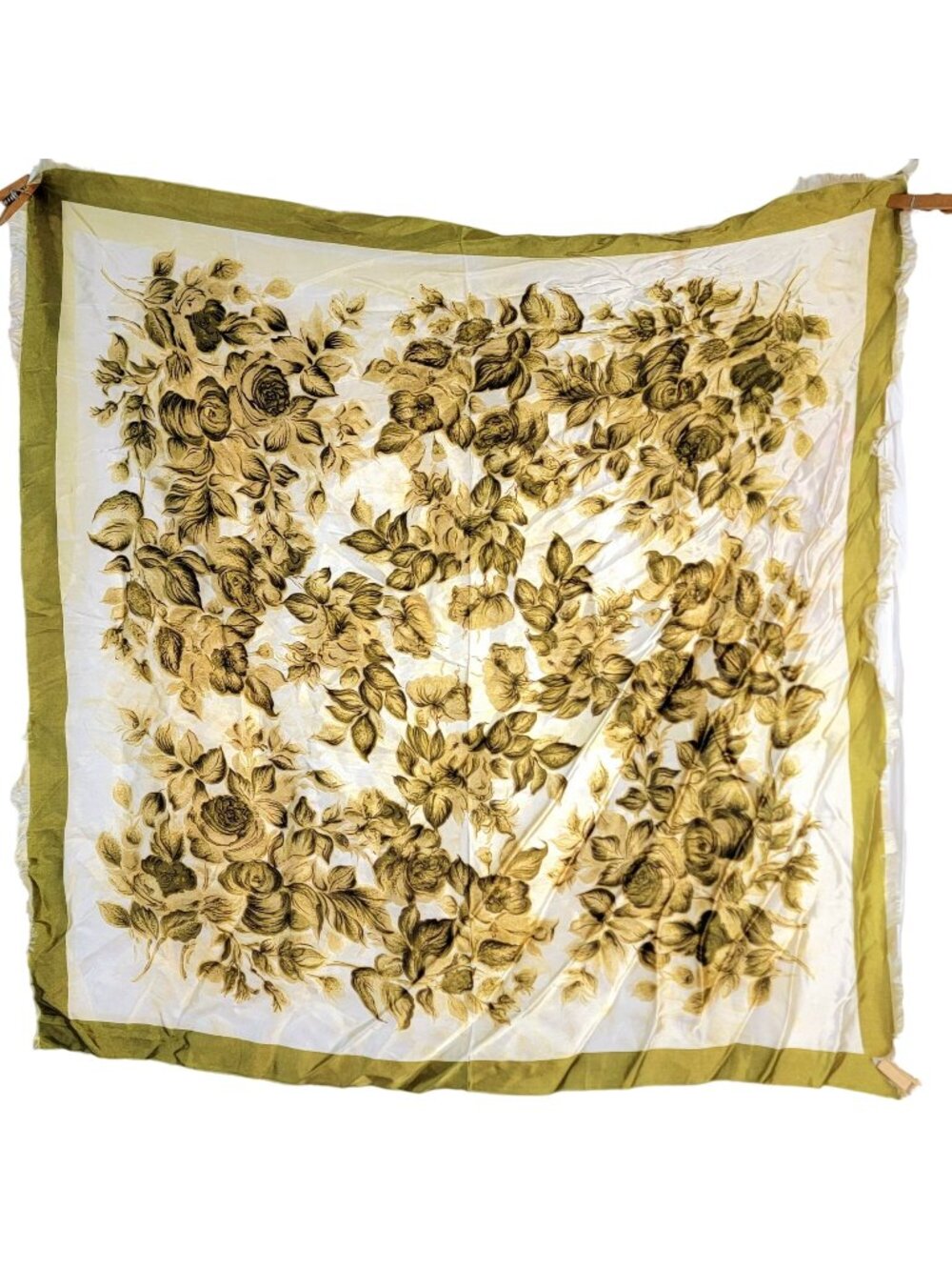 Vintage 70s Floral Scarf Women Accessories Acetate Fringe Green Beige Fall Leave